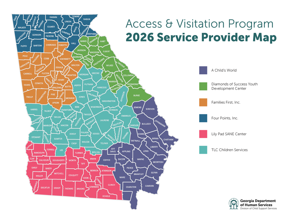 Map showing A&V services providers, including: A Child's World; Diamonds of Success Youth Development Center, Inc.; Families First, Inc.; Four Points, Inc.; Lily Pad SANE Center; Middle Georgia Community Action Agency; and TLC Children Services.